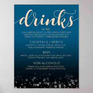 Poster Menu élégant du bar à boissons de mariage bleu océ