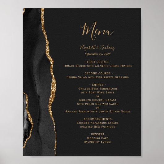 Poster Menu Élégant Mariage noir et or (Devant)