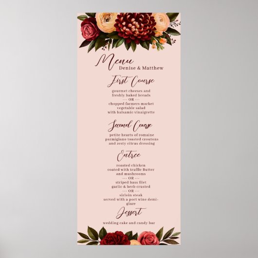 Poster Menu Mariage Blush & Burgundy Chrysanthemum (Devant)