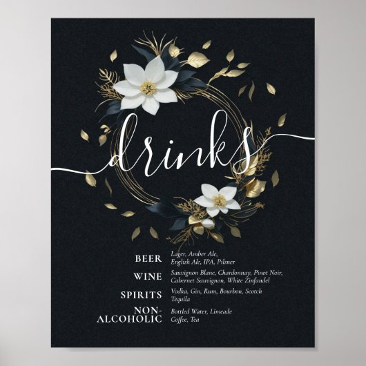 Poster Menu Mariage de boissons Black White Gold Floral (Devant)