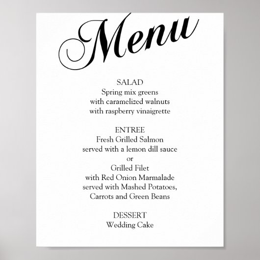 Poster Menu mariage de script élégant noir et blanc (Devant)