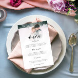 Poster Menu Mariage de script photo minimaliste<br><div class="desc">Menu minimaliste Mariage de script photo. Un design élégant avec votre photo sur le bord supérieur derrière une couche de teinte graduée avec le texte partiellement superposé sur le dessus de votre image en bas. L'en-tête principal est en gras et le reste du texte que vous pouvez facilement personnaliser.</div>