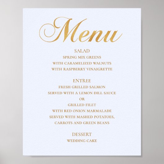 Poster Menu mariage or pour le dîner. Bleu élégant simple (Devant)