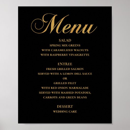 Poster Menu mariage or pour le dîner. Noir élégant (Devant)