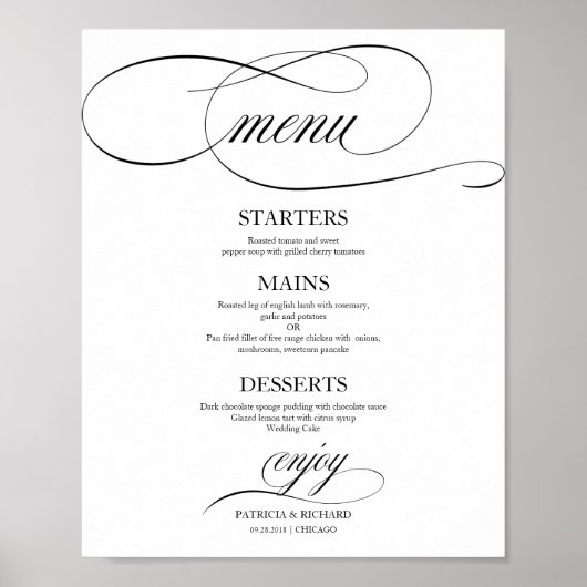 Poster Menu mariage Signal noir chic Script (Devant)
