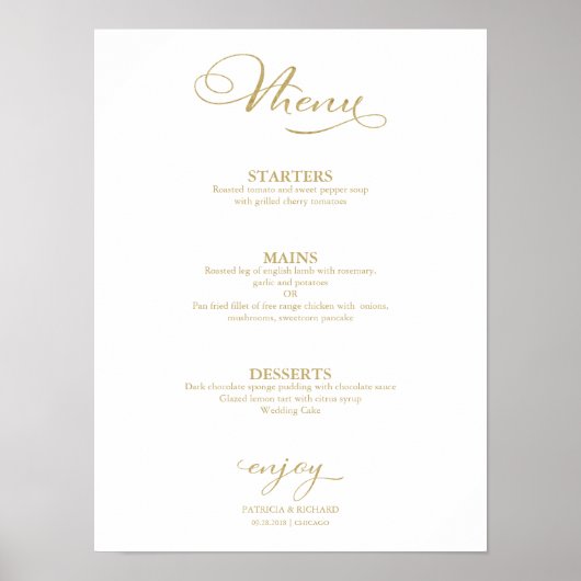 Poster Menu mariage Simple Elegant Gold Foil (Devant)