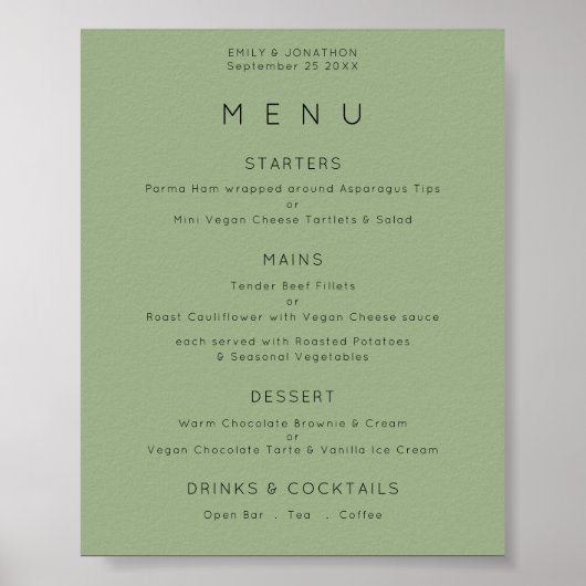 Poster Menu Mariage vert Sage Texte simple (Devant)
