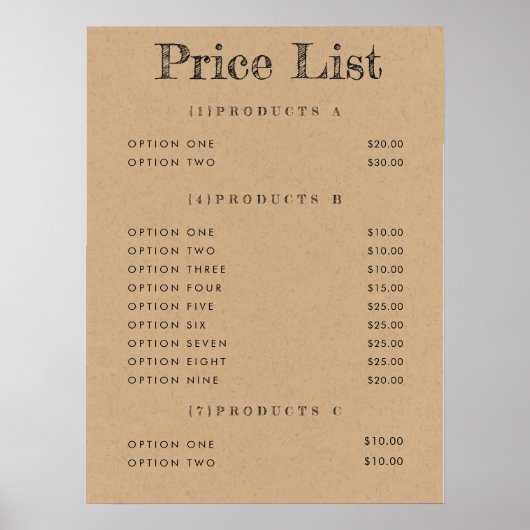 Poster Menu Matte du tarif Arrière - plan Kraft Imprimer (Devant)