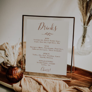 Poster Menu minimaliste des boissons de mariage à feuille