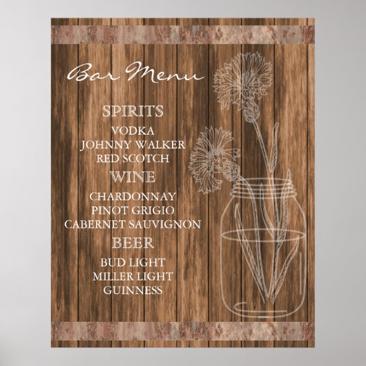 Poster Menu Rustic Country Barre en bois (Devant)