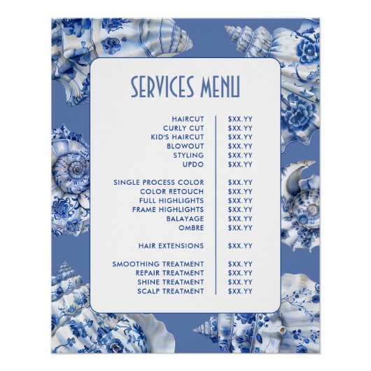 Poster Menu Services Ocean Blue Seashells (Devant)