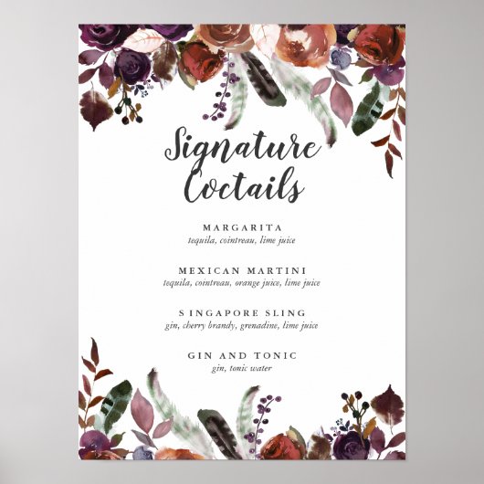 Poster Menu signature cocktail de mariage | Rustic Plum (Devant)