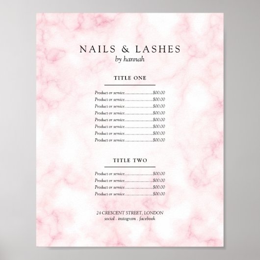 Poster Menu simple des prix du marbre rose doré (Devant)