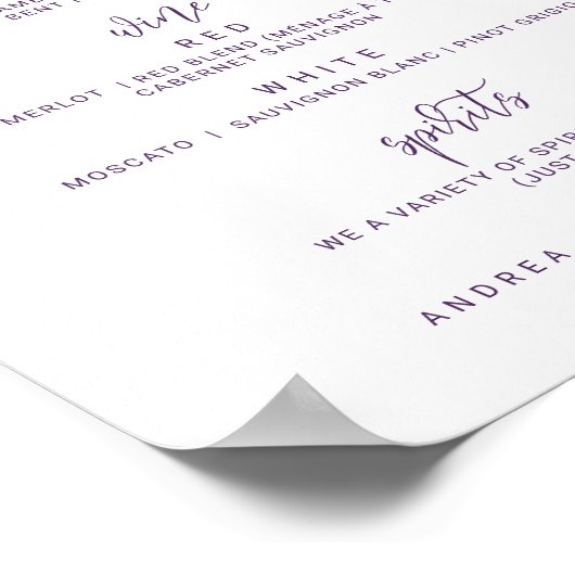 Poster Menus de barre mariage - Script de rebond (violet/ (Coin)