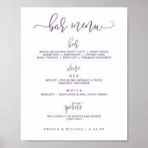 Poster Menus de barre mariage - Script de rebond (violet/