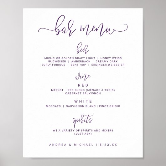 Poster Menus de barre mariage - Script de rebond (violet/ (Devant)