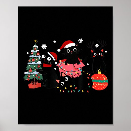 Poster Meowy Christmas Black Cats Play Christmas Tree Lig (Devant)