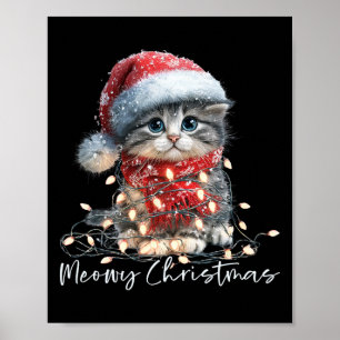 Poster Meowy Noël Chat Noir Lumières Chapeau de Père Noël