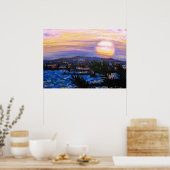 Poster Mer Chaude Franges de palmiers et collines Coucher (Cuisine)