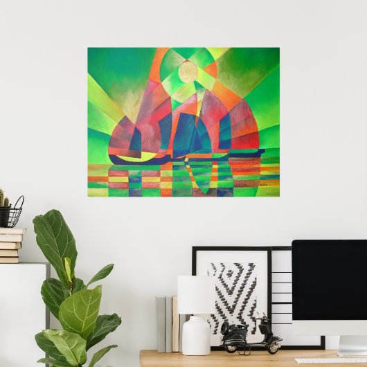 Poster Mer de vert avec des joncs Abstraits cubes (Bureau à domicile)