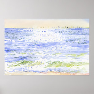 Poster Mer ensoleillée et voiliers lointains Aquarelle