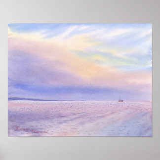 Poster Mer lavande pastel et petite voile aquarelle