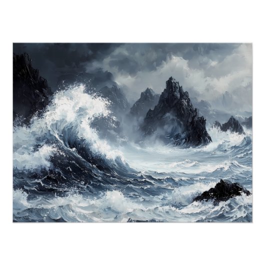 Poster Mer orageuse avec des vagues écrasantes (Devant)