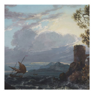 Poster Mer orageuse avec ruine et figures du château (c.1