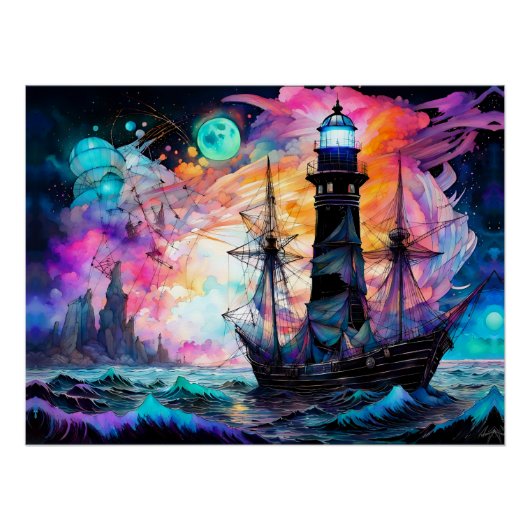 Poster Mer orageuse, phare de bateau Lune Abstrait (Devant)