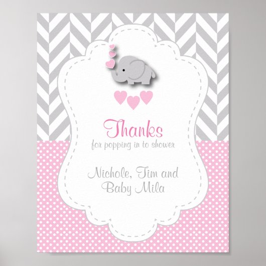 Poster Merci Baby shower rose, gris blanc (Devant)