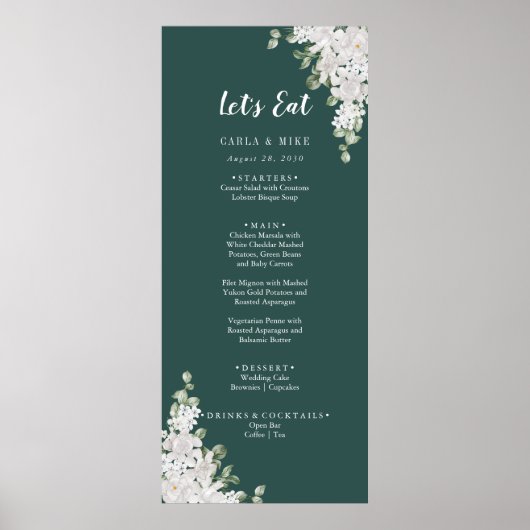 Poster Merci Floral à feuilles vertes et menu Mariage (Devant)