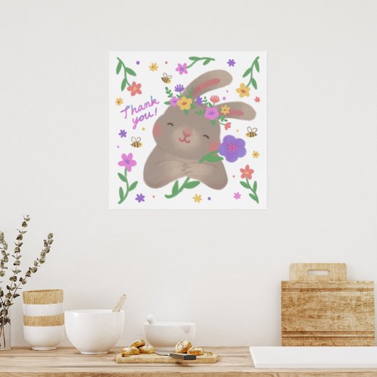 Poster Merci : Lapin avec des fleurs (Cuisine)