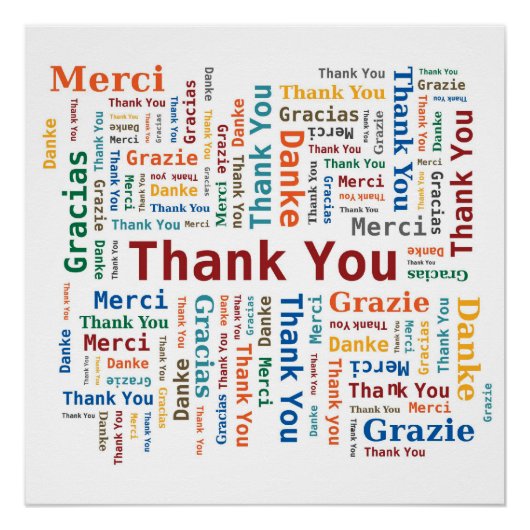 Poster Merci Word Cloud - 5 langues - Multicolore (Devant)