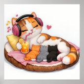 Poster Mère chat calico mignonne avec chatons et casque a (Devant)