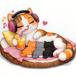 Poster Mère chat calico mignonne avec chatons et casque a