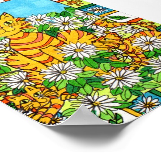 Poster Mère Chat & Chatons en Daisy Patch Mini Folk Art (Coin)