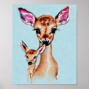 Poster Mère Et Bébé Cerf Aquarelle Amour Famille