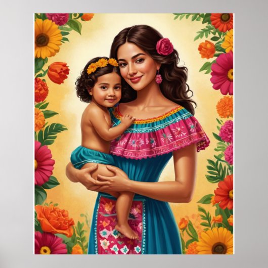 Poster Mère et enfant en robe traditionnelle mexicaine (Devant)