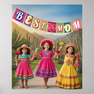Poster Mère et enfant en robe traditionnelle mexicaine