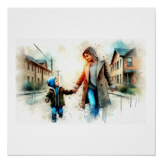 Poster Mère et enfant marchant dans la rue (Devant)