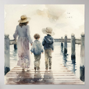 Poster Mère et enfants en bord de mer