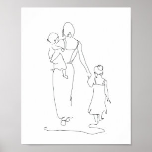 Poster Mère et Enfants Line Art, Illustration de la famil