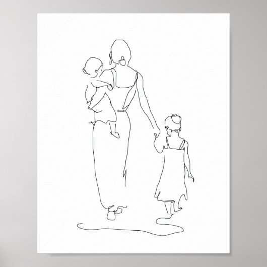 Poster Mère et Enfants Line Art, Illustration de la famil (Devant)