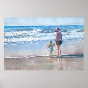 Poster Mère et Enfants Vagues de bord de mer Aquarelle