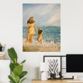 Poster Mère et fille marchent sur la plage (Bureau à domicile)