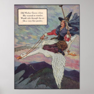 Poster Mère l'Oye des années 1920 chevauchant son oie géa