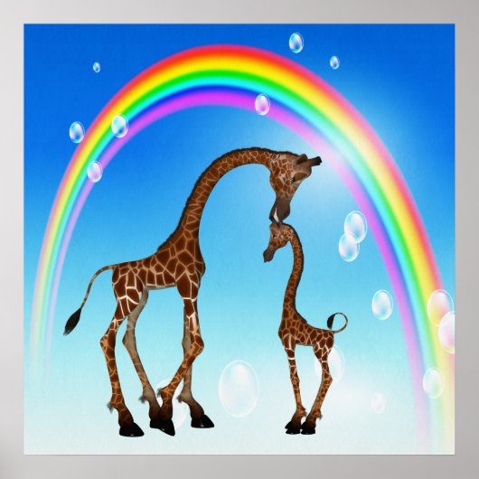 Poster Mère mignonne et bébé Giraffe & Arc-en-ciel (Devant)