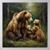 Poster Mère Ours avec des oursons dans un cadre forestier (Devant)