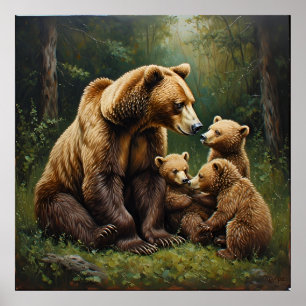 Poster Mère Ours avec des oursons dans un cadre forestier