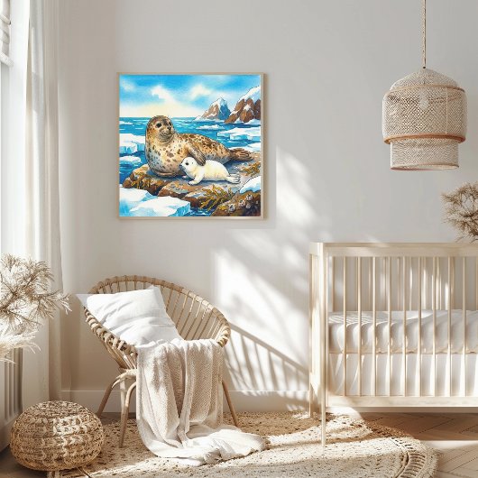 Poster Mère Phoque et crèche des petits
